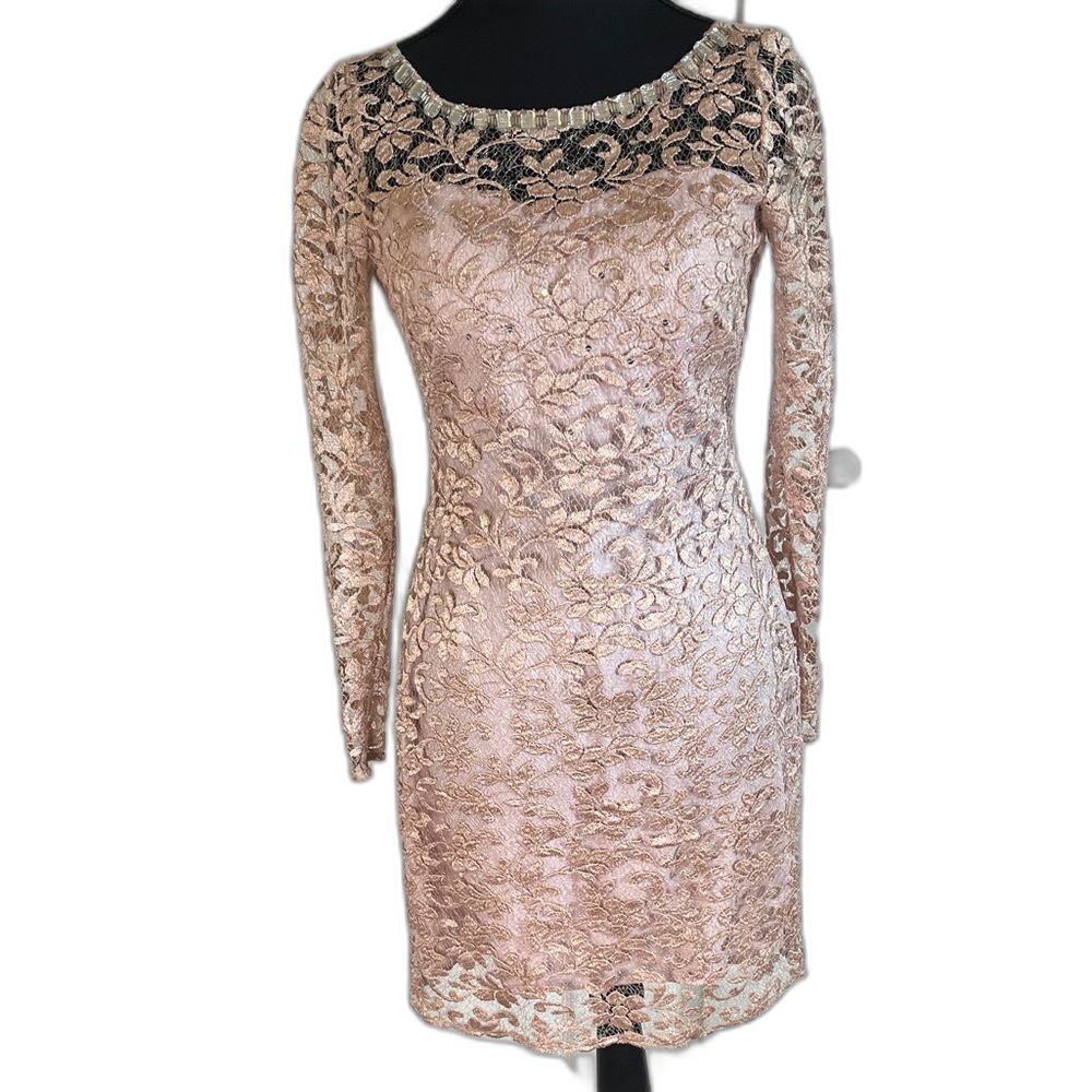 Aidan Mattox Champagne Lace Cocktail Dress Jewels Sequins Size 0 Formal Hoco